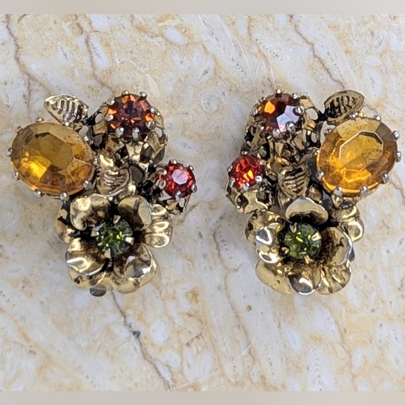 Vintage Jewelry - Vintage Austria Multi Color Rhinestone Gems Gold Tone Metal Clip On Earrings